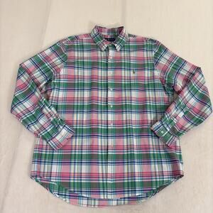 POLO RALPH LAUREN Size XL Mens Dress Shirt Pastel Madras Plaid Oxford Cloth Pink